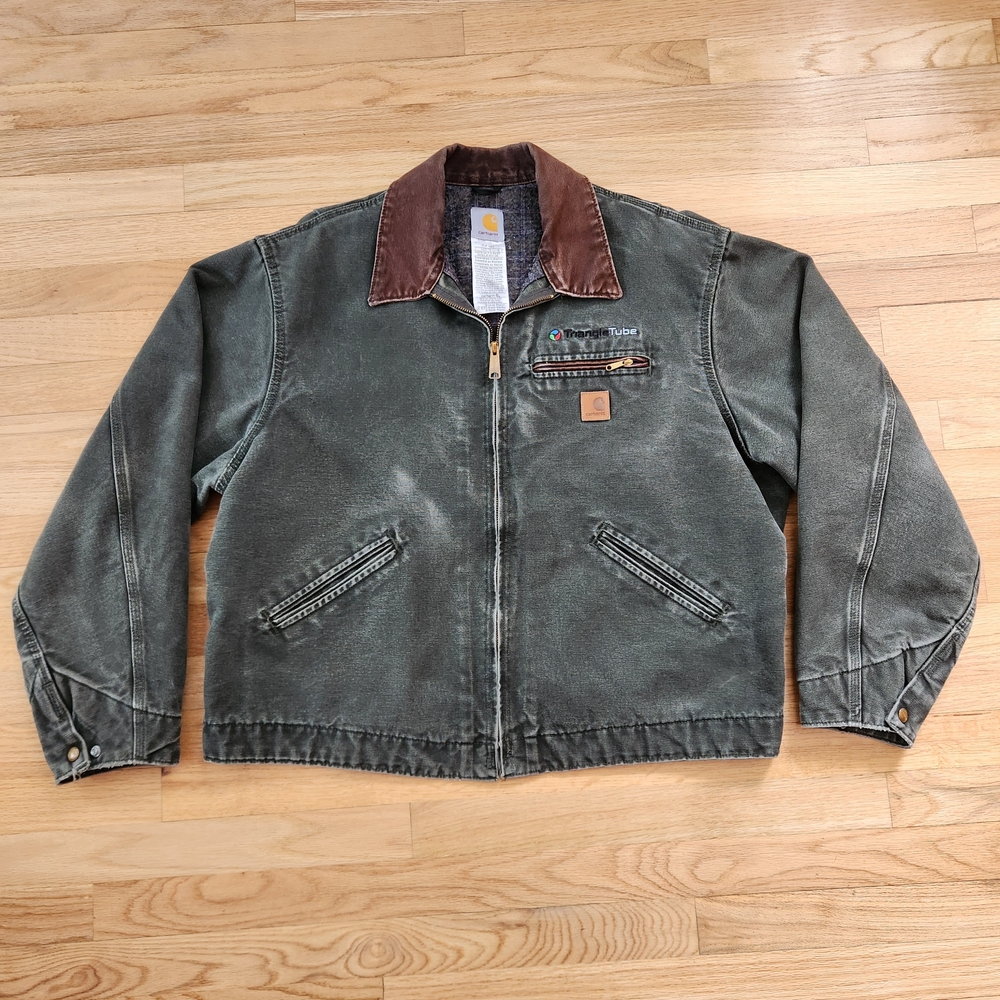 Carhartt Men's Relaxed Duck Detroit Jacket in Olive with Brown Collar